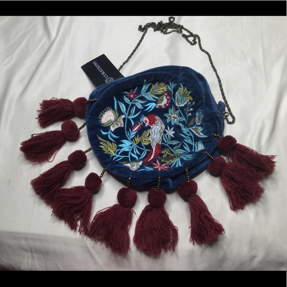 Curations Embroidered Bird Velour Tassel Handbag